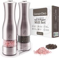 🔋 grind'oro electric salt and pepper grinder set - battery operated, stainless steel with light: one touch automatic salt grinder mill & adjustable coarseness - franluca's kitchen power shaker set (2 mills) logo