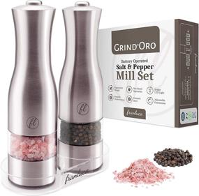 img 4 attached to 🔋 Grind'Oro Electric Salt and Pepper Grinder Set - Battery Operated, Stainless Steel with Light: One Touch Automatic Salt Grinder Mill & Adjustable Coarseness - Franluca's Kitchen Power Shaker Set (2 Mills)