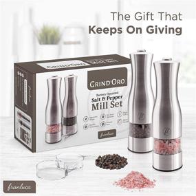 img 2 attached to 🔋 Grind'Oro Electric Salt and Pepper Grinder Set - Battery Operated, Stainless Steel with Light: One Touch Automatic Salt Grinder Mill & Adjustable Coarseness - Franluca's Kitchen Power Shaker Set (2 Mills)