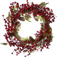 🎄 red co. 22-inch lighted christmas wreath with red cranberries, pinecones & leaves, battery-powered led lights and timer logo