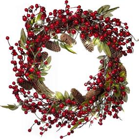img 4 attached to 🎄 Red Co. 22-Inch Lighted Christmas Wreath with Red Cranberries, Pinecones & Leaves, Battery-Powered LED Lights and Timer