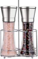 🧂 premium stainless steel salt and pepper grinder set with stand - adjustable spice coarseness - five grinding levels - pepper mill grinders and shakers - complete gift set - includes silicone funnel (pack of 2) logo