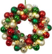 🎄 16 inch christmas ball wreath with lighted ornaments for front door hanging - red gold green. логотип