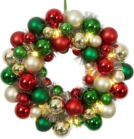 img 4 attached to 🎄 16 Inch Christmas Ball Wreath with Lighted Ornaments for Front Door Hanging - Red Gold Green.