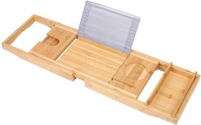 img 4 attached to 🛀 Luxury Bamboo Bathtub Caddy Tray with Extended Sides, Built-in Book/Tablet/Phone/Wineglass Holder - BOSSJOY