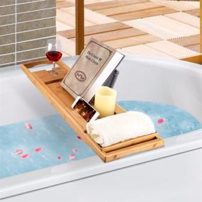 img 2 attached to 🛀 Luxury Bamboo Bathtub Caddy Tray with Extended Sides, Built-in Book/Tablet/Phone/Wineglass Holder - BOSSJOY