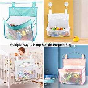 img 2 attached to 🛁 Bath Toy Organizer Mesh Bag with Suction and Sticker Hooks - Bottom Zippered Bathtub Shower Toy Holder for Holding Toys, Baby Diapers, and Clothes, offering Multiple Hanging Options