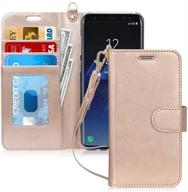 💼 luxury gold pu leather flip case cover with kickstand, card holder, and wrist strap for samsung galaxy s8 plus - fyy wallet phone case logo