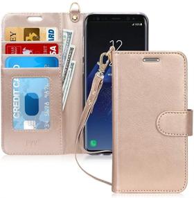 img 4 attached to 💼 Luxury Gold PU Leather Flip Case Cover with Kickstand, Card Holder, and Wrist Strap for Samsung Galaxy S8 Plus - FYY Wallet Phone Case