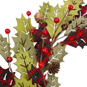 img 2 attached to 🎄 VGIA 18 Inch Christmas Wreath: Festive Winter Decor for Front Door with Wood Leaves, Black and Red Buffalo Check, Berries, and Pine Branches
