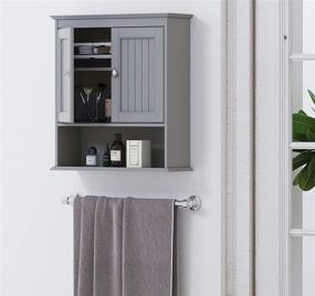 img 4 attached to Spirich Gray Bathroom Wall Cabinet with Doors and 🚽 Shelves - Space-saving Wood Hanging Cabinet for Over The Toilet Storage