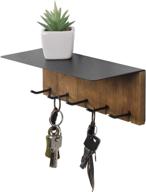 mygift wall-mounted burnt solid wood & matte black entryway shelf rack with 5 key hooks: stylish and functional key organizer логотип