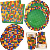 🧱 kids colorful building block party supplies set - 24 paper dinner plates (9"), 24 dessert plates (7"), 24 9 oz cups, 50 luncheon napkins - color brick blocks themed birthday decorations, disposable tableware logo