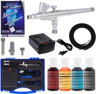 cake decorating airbrushing system kit with chefmaster food colors, g34 🎂 gravity feed dual-action airbrush, air compressor, hose, storage case, how-to-airbrush guide booklet logo