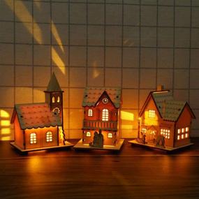 img 3 attached to 🎄 NUOBESTY Wooden Village with LED Lights - Christmas Scene Decorations for Home, Xmas Desktop Ornament, Holiday Decoration