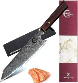 img 4 attached to Нож шеф-повара Grandsharp Kiritsuke: сталь VG10 дамаск, 67 слоев, длина лезвия 8 дюймов - идеально подходит для резки мяса, суши и фруктов - эргономичная деревянная рукоятка - в подарочной коробке