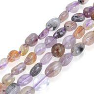 🔮 natural super seven quartz gemstone beads - 6mm to 10mm free form oval tumbled pebble stones - 15 inch strand (amethyst, white smoky quartz, cacoxenite, goethite, lepidocrocite, rutile) gz12-36 logo