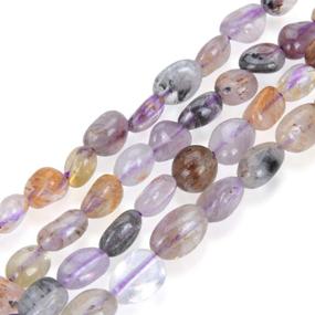 img 4 attached to 🔮 Natural Super Seven Quartz Gemstone Beads - 6mm to 10mm Free Form Oval Tumbled Pebble Stones - 15 inch Strand (Amethyst, White Smoky Quartz, Cacoxenite, Goethite, Lepidocrocite, Rutile) GZ12-36