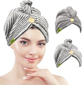 img 4 attached to 👩 WK Microfiber Hair Towel for Women: Ultra Absorbent Hair Turban and Quick Dry Wrap – 2 Piece Set, Gray & Stripe Design