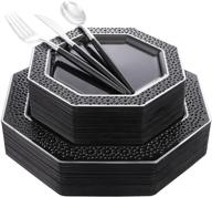 🎃 wellife 150pcs black plastic plates - disposable silverware set | elegant silver cutlery with black handles | ideal for halloween parties | includes: 30 dinner plates, 30 dessert plates, 30 forks, 30 knives, 30 spoons logo