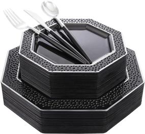 img 4 attached to 🎃 WELLIFE 150Pcs Black Plastic Plates - Disposable Silverware Set | Elegant Silver Cutlery with Black Handles | Ideal for Halloween Parties | Includes: 30 Dinner Plates, 30 Dessert Plates, 30 Forks, 30 Knives, 30 Spoons