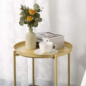 img 1 attached to Durable danpinera Metal End Table - Waterproof Circular Bedside Table with Removable Tray for Various Spaces (Pale Yellow)