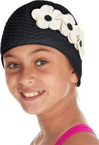 img 4 attached to BEEMO Girls Swim Caps - Latex 🌸 3 Flower Design for Long/Short Hair - Ages 7-14