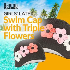 img 2 attached to BEEMO Girls Swim Caps - Latex 🌸 3 Flower Design for Long/Short Hair - Ages 7-14