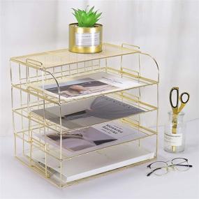 img 2 attached to 📚 LEORISO 4-Tier Stackable Letter Tray: Multifunctional Desk File Organizer with Upper Display Shelf for Home or Office Supplies - Gold (#1)