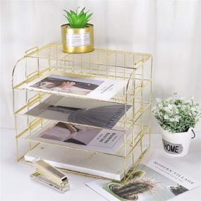 img 1 attached to 📚 LEORISO 4-Tier Stackable Letter Tray: Multifunctional Desk File Organizer with Upper Display Shelf for Home or Office Supplies - Gold (#1)