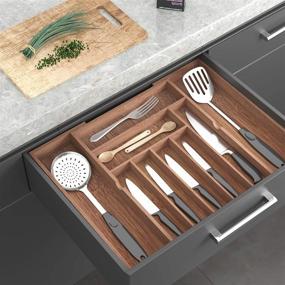 img 2 attached to 🍴 BAMEOS Bamboo Silverware Holder Drawer Organizer – Expandable Cutlery Tray 22 Inches – Flatware and Utensil Organizer for Kitchen, Garage – Brown Color – Knife, Spoon, and Tool Storage