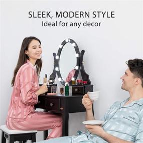 img 3 attached to 🖤 VIVOHOME Makeup Vanity Set: 10 Dimmable LED Bulbs, 360° Rotating Mirror, Cushioned Stool - Black