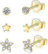 💎 gold plated sterling silver stud earrings, 3 pairs of tiny round cubic zirconia studs, small star and flower tragus cartilage studs jewelry for women, girls, men, and teens logo