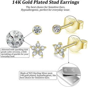 img 3 attached to 💎 Gold Plated Sterling Silver Stud Earrings, 3 Pairs of Tiny Round Cubic Zirconia Studs, Small Star and Flower Tragus Cartilage Studs Jewelry for Women, Girls, Men, and Teens