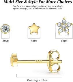 img 2 attached to 💎 Gold Plated Sterling Silver Stud Earrings, 3 Pairs of Tiny Round Cubic Zirconia Studs, Small Star and Flower Tragus Cartilage Studs Jewelry for Women, Girls, Men, and Teens