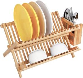 img 2 attached to 🍽️ HBlife Bamboo Folding 2-Tier Dish Rack with Utensil Holder Set - Collapsible Drainer and Drying Rack for Dishes and Flatware