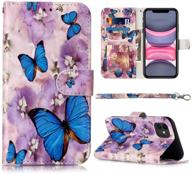 🦋 jancalm wallet case for iphone 11 - cute floral pattern, pu leather, card slots, wrist strap - butterfly/purple (2019) logo