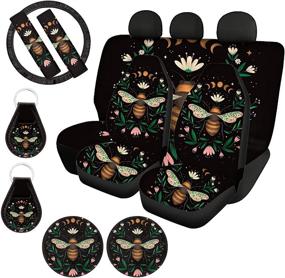 img 4 attached to 🐝 Ultimate Bee Car Seat Covers Full Set with Floral Steering Wheel Cover, Coasters, Keychains & More!