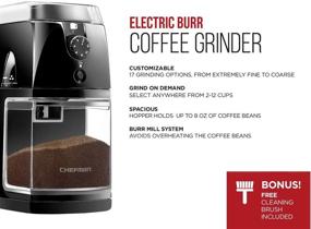 img 3 attached to Chefman Electric Burr Mill Coffee Grinder - Grinds up to 2.8oz of Fresh Beans, 17 Grinding Options for 2-12 Cups, Large Hopper, Easy One Touch Operation, Includes Cleaning Brush, Black