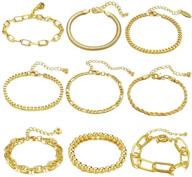 💍 gold chain bracelets set for women: 9 pieces of adjustable fashion paperclip, italian cuban, chunky flat cable and beaded link jewelry – perfect gift for women and girls. logo