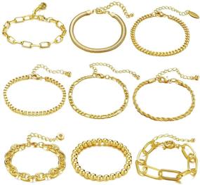 img 4 attached to 💍 Gold Chain Bracelets Set for Women: 9 Pieces of Adjustable Fashion Paperclip, Italian Cuban, Chunky Flat Cable and Beaded Link Jewelry – Perfect Gift for Women and Girls.