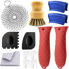 img 4 attached to 🔥 Ultimate 13-Piece Hot Handle Holder Silicone Set with Cast Iron Cleaner Kit, Chainmail & Bamboo Scrub Brush, Grill Pan Scraper Tool & Heat Resistant Skillet Assisit Handle Grips