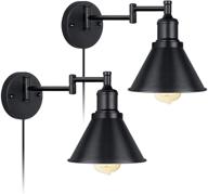 💡 inustrial swing arm wall sconce with plug-in cord, on/off switch, and black finish - set of 2 wall light fixtures логотип