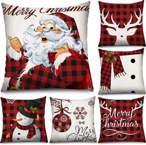 img 4 attached to Set of 6 Christmas Buffalo Plaid Throw Pillow Covers - 18 x 18 Inch Holiday Saying Pillow Cases in Black and Red Plaid - Xmas Winter Living Room Bedroom Sofa Decor