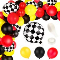 🎈 ultimate 121-piece racing car balloons arch set for party decorations with red, black & yellow balloons, checkered foil balloons, glue point dots, and roll tape logo