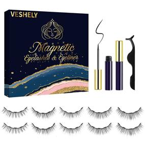 img 4 attached to 👀 VESHELY Natural Magnetic Eyelashes and Eyeliner Kit - 5 Pairs Short Magnetic Eyelashes for a Natural Look, 2 Tubes of Strong Magnetic Eyeliner Waterproof, 3D Fake False Reusable Magnetic Lashes - No Glue Needed!