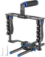 📷 enhanced neewer camera video cage film movie making kit with top handle, dual hand grip, two 15mm rods - compatible with canon, sony, fujifilm, nikon dslr camera & camcorder (black + blue) logo