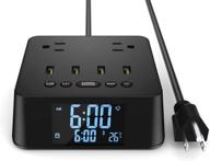 🕒 adjustable brightness electronic alarm clock charger power strip surge protector with 4 usb ports, 2 outlets, and 6ft power cord - ideal charging station for bedside, home, hotel, and office- includes on/off switch and dst time feature logo