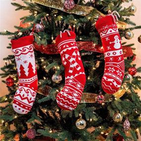 img 1 attached to 🎄 Set of 4 Knit Christmas Stockings - Tree, Snowflakes, Snowman & Candy Cane Patterns - Holiday Tree Decoration
