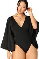👗 women's plus size deep v neck long bell sleeve bodysuit flare sleeve top by shein logo